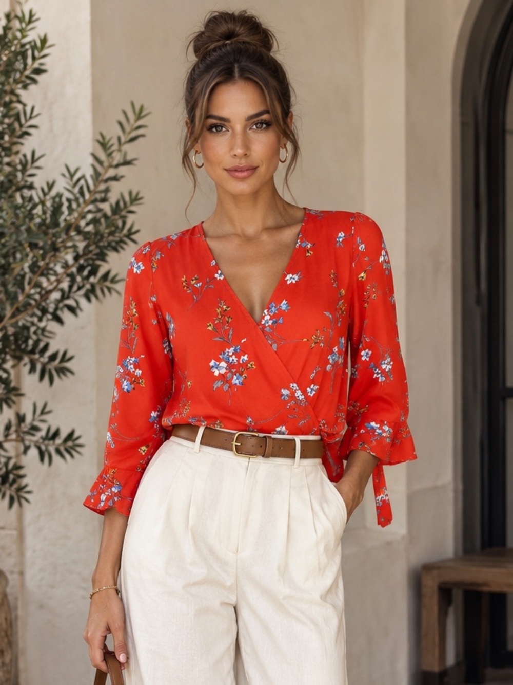 West Kei Red Floral Wrap Blouse